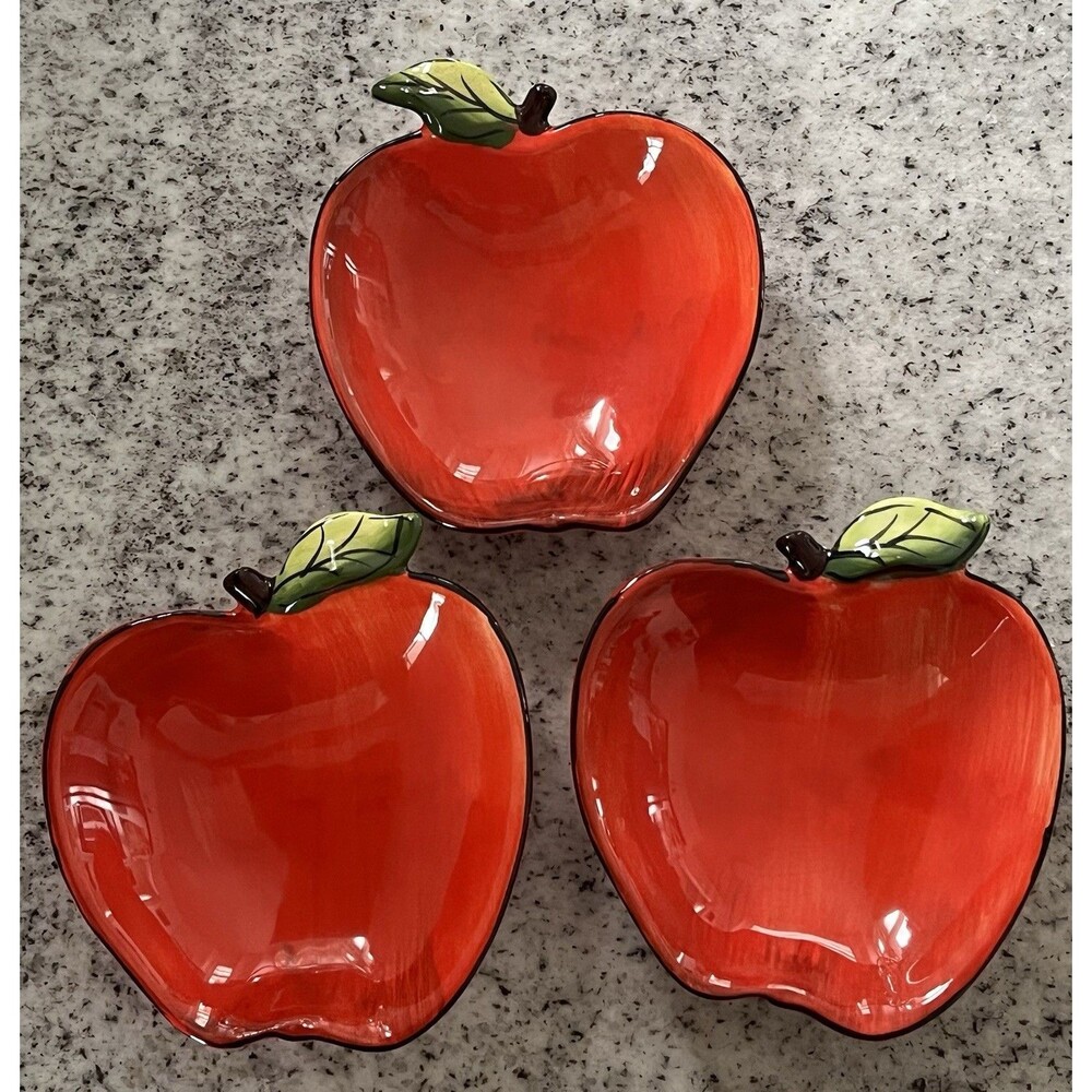 American Atelier Fresh Fruit Apple Bowls Set of 3 Red Ceramic 5” Kitchen Decor